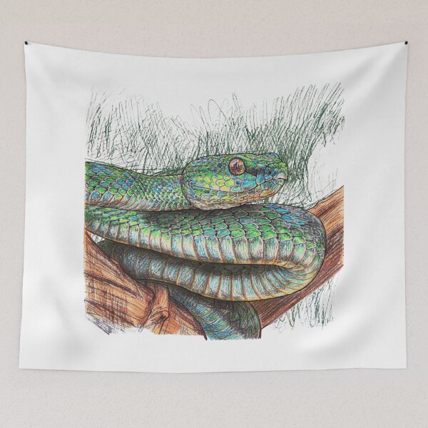 Item preview, Vibrant Green Snake Coiled on Wooden Branch - Nature Wildlife Art designed and sold by Stick-Shop9.