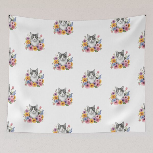 Item preview, A Beautiful Grey Cat Sitting Amongst Flowers designed and sold by Soulstar Designs.