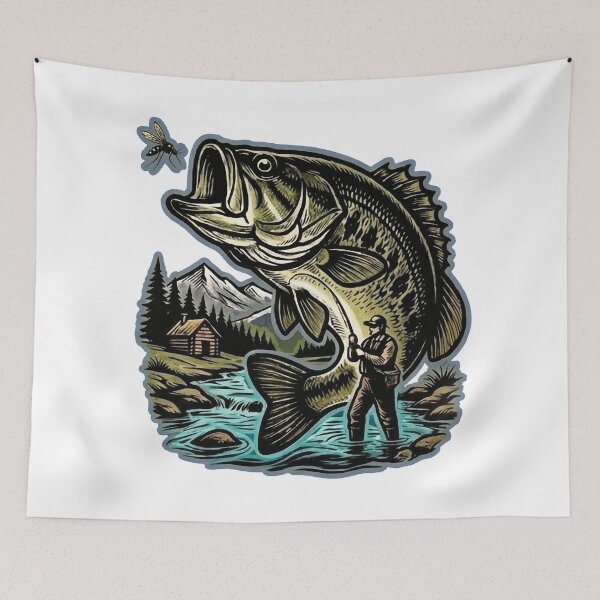 Item preview, Largemouth Bass Fishing Double Exposure - Mountain Cabin Nature Art designed and sold by SasquatchTrail.