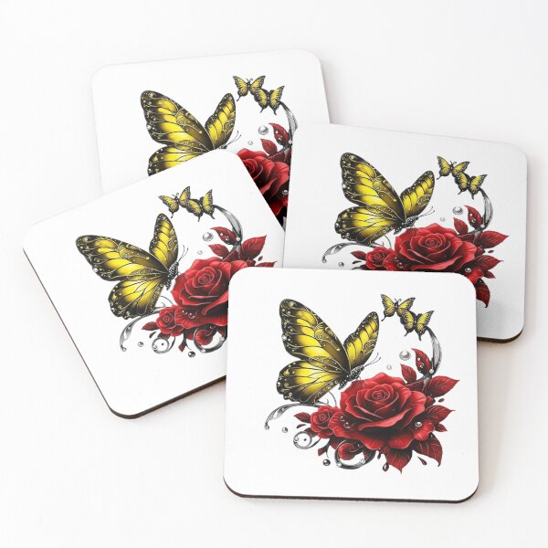 Item preview, Golden Monarch Butterfly and Deep Red Rose Floral Art designed and sold by Golden Threads Studio.