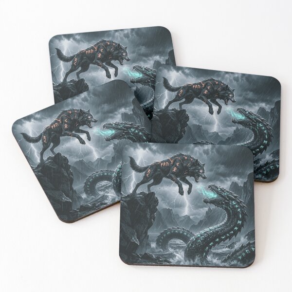 Item preview, Fenrir and Jormungand fighting. designed and sold by  ViralVisionsCreating .