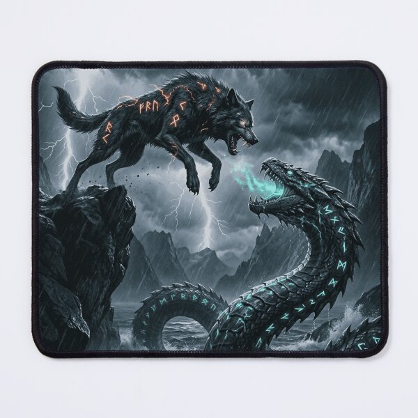 Item preview, Fenrir and Jormungand fighting. designed and sold by ViralVisionsCreating .
