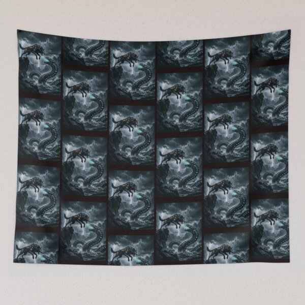 Item preview, Fenrir and Jormungand fighting. designed and sold by  ViralVisionsCreating .