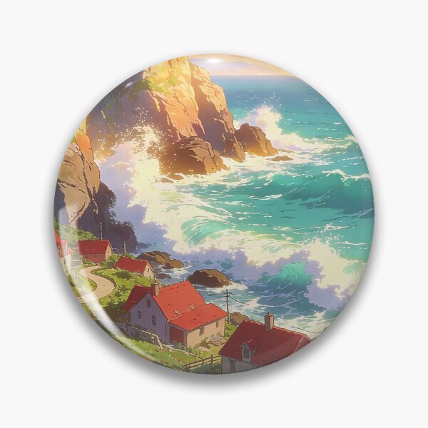 Artikelvorschau, Dreamy Anime Coastal Village – Colorful Ocean Landscape – Cozy Aesthetic Wallpaper & Fantasy Scenery entworfen und verkauft von peacefulframes.art.
