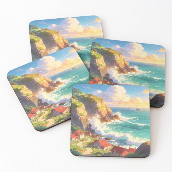 Item preview, Dreamy Anime Coastal Village – Colorful Ocean Landscape – Cozy Aesthetic Wallpaper & Fantasy Scenery designed and sold by peacefulframes.art.