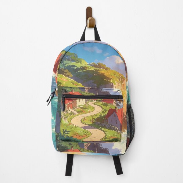 Item preview, Dreamy Anime Coastal Village – Colorful Ocean Landscape – Cozy Aesthetic Wallpaper & Fantasy Scenery designed and sold by peacefulframes.art.