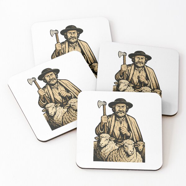 Item preview, Shepherd with sheep flock walking together, Old sheep herder with a Wallachian axe, bearded old man in a hat with an axe in his hands, designed and sold by Danler.