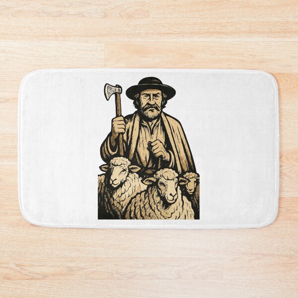 Item preview, Shepherd with sheep flock walking together, Old sheep herder with a Wallachian axe, bearded old man in a hat with an axe in his hands, designed and sold by Danler.