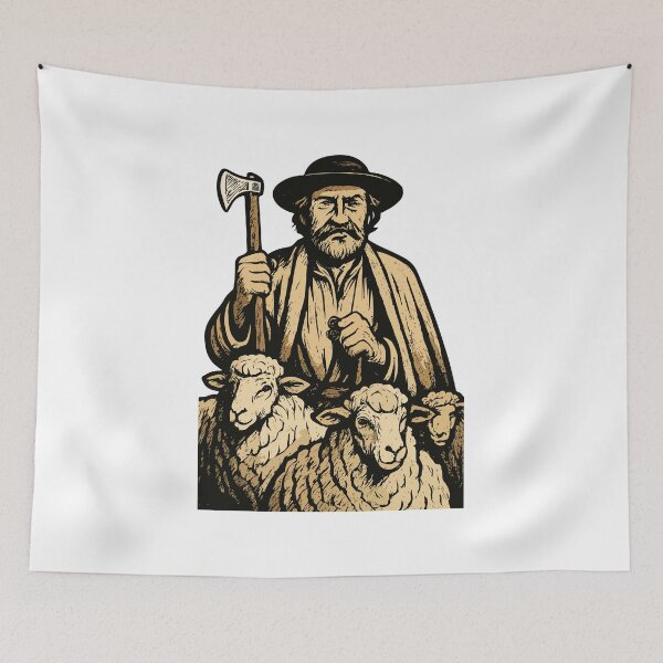 Item preview, Shepherd with sheep flock walking together, Old sheep herder with a Wallachian axe, bearded old man in a hat with an axe in his hands, designed and sold by Danler.