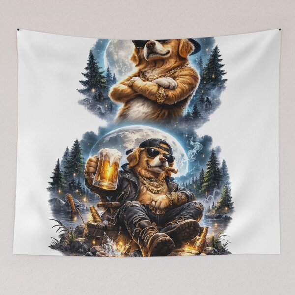 Item preview, Cool Dog Drinking Beer Under Moonlight – Funny Gangster Puppy with Sunglasses & Chains designed and sold by JoeyBlackLabel.