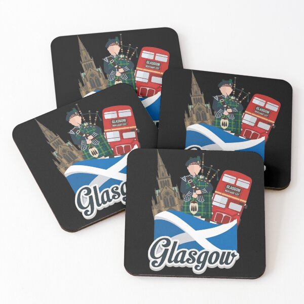 Item preview, Glasgow Merchant City Scottish Bagpiper and Red Bus Graphic Art designed and sold by Loom on the Loch.