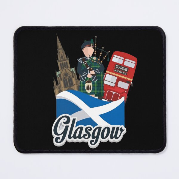 Item preview, Glasgow Merchant City Scottish Bagpiper and Red Bus Graphic Art designed and sold by Loom on the Loch.