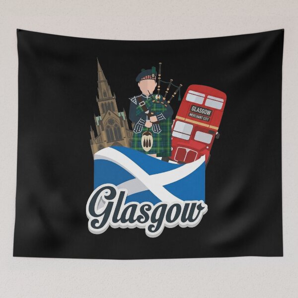 Item preview, Glasgow Merchant City Scottish Bagpiper and Red Bus Graphic Art designed and sold by Loom on the Loch.