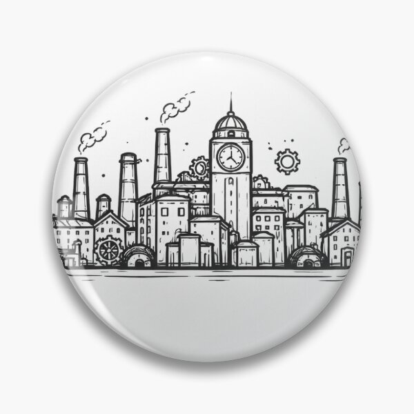 Aperçu de l'œuvre Skyline urbaine minimaliste steampunk – Art industriel linéaire créée et vendue par Odd Little Things.