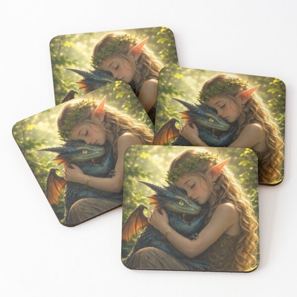 Item preview, Elf Girl Hugging Cute Baby Dragon – Magical Fantasy Dragon Art designed and sold by DrakariArt.