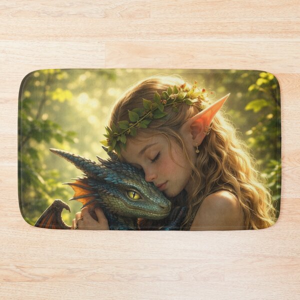 Item preview, Elf Girl Hugging Cute Baby Dragon – Magical Fantasy Dragon Art designed and sold by DrakariArt.