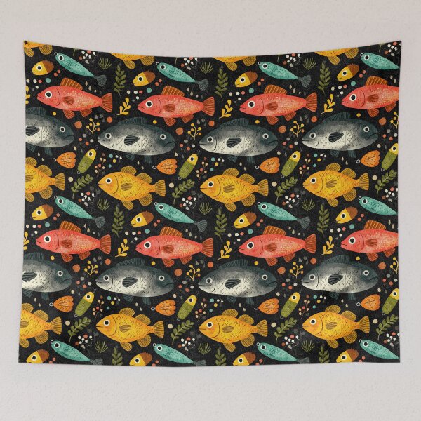 Item preview, Colorful Fish and Hooks on Black Night designed and sold by Piotrek0001.