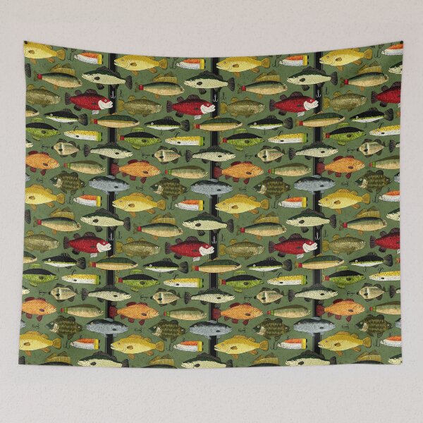 Item preview, Vintage Grey and Green Fish with Lures designed and sold by Piotrek0001.