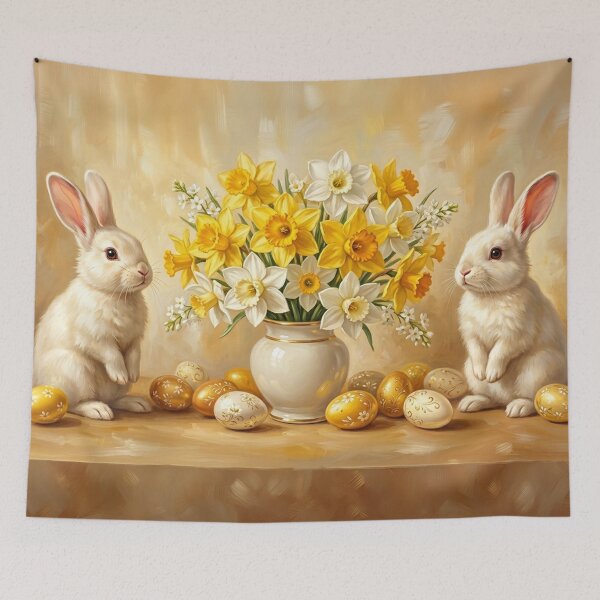 Item preview, Easter Bunnies with Daffodils Vintage Spring Painting designed and sold by DesignAnother.