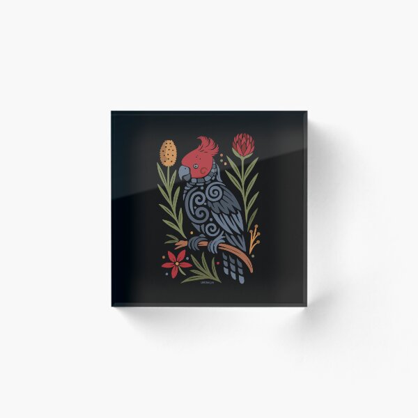 Aperçu de l'œuvre Cacatoès en bande et fleurs indigènes - Cadeaux sur le thème de la faune australienne - Motif sur fond sombre créée et vendue par LMIdesigns.