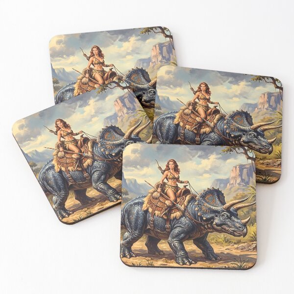 Item preview, Triceratops Riding Cave Woman Pulp Style Art designed and sold by CMY Designs.