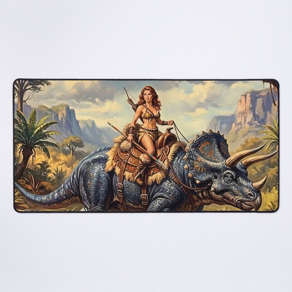 Item preview, Triceratops Riding Cave Woman Pulp Style Art designed and sold by CMY Designs.