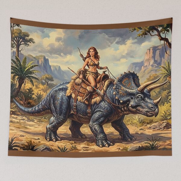 Item preview, Triceratops Riding Cave Woman Pulp Style Art designed and sold by CMY Designs.