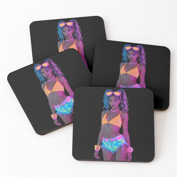 Item preview, Neon Glow Girl Wearing Orange Striped Halter Top designed and sold by CMY Designs.
