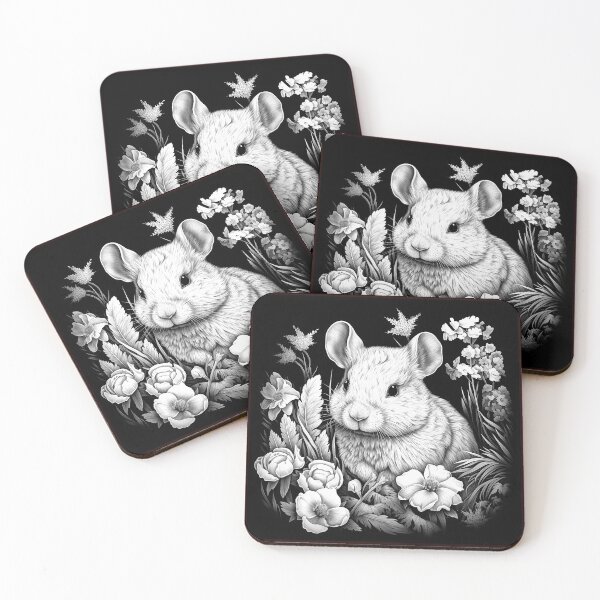 Item preview, Floral Mouse Portrait | Black and White Woodland Animal Illustration designed and sold by inkoutninja.