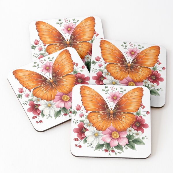 Item preview, Vibrant Orange Butterfly Floral Watercolor Illustration designed and sold by Golden Threads Studio.