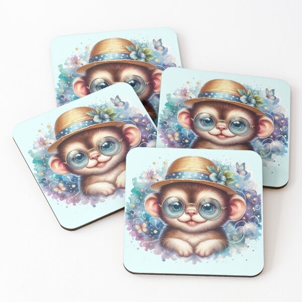 Item preview, Cute Blue-Eyed Monkey Clipart with Straw Hat – Watercolor Animal Illustration for Kids & Crafts designed and sold by Good Vibes .