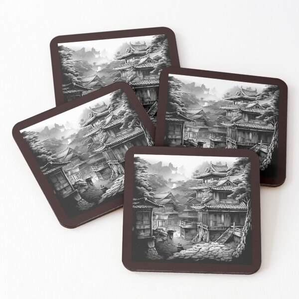 Item preview, Monochrome Japanese Village | Serene Mountain Town Illustration designed and sold by inkoutninja.