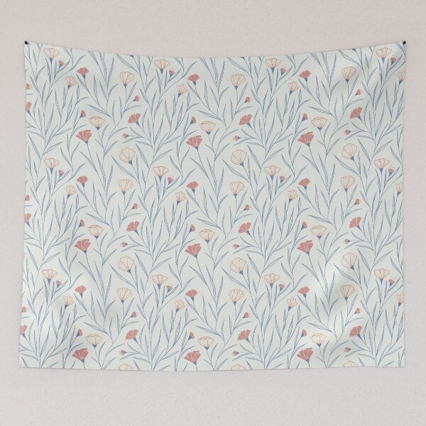 Item preview, Soft Orange Poppy Floral Trail White Blue Vertical Botanical Art designed and sold by studiomamabara.