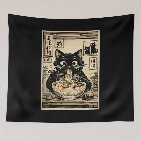 Item preview, Black Cat Eating Ramen Ukiyo-e Style Art designed and sold by OlyvieArt.