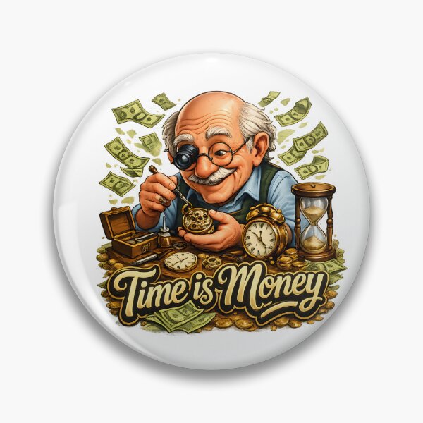 Item preview, watchmaker carefully repairing a timepiece, surrounded by clocks designed and sold by Troll Art & Delete.