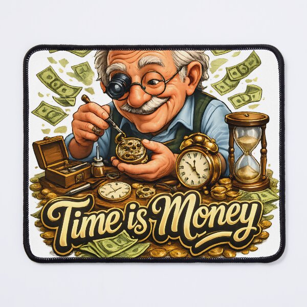 Item preview, watchmaker carefully repairing a timepiece, surrounded by clocks designed and sold by Troll Art & Delete.