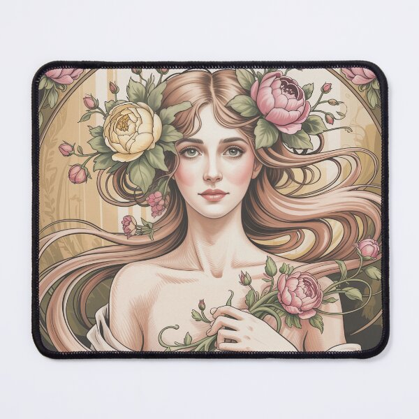 Item preview, Art Nouveau Woman Floral Hair – Mucha Inspired Elegant Botanical Portrait designed and sold by Tamas Das.