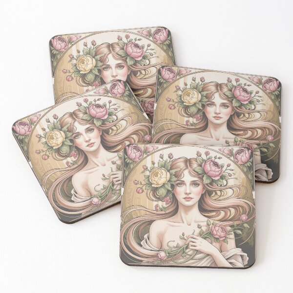 Item preview, Art Nouveau Woman Floral Hair – Mucha Inspired Elegant Botanical Portrait designed and sold by Tamas Das.