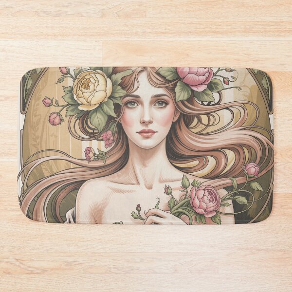 Item preview, Art Nouveau Woman Floral Hair – Mucha Inspired Elegant Botanical Portrait designed and sold by Tamas Das.