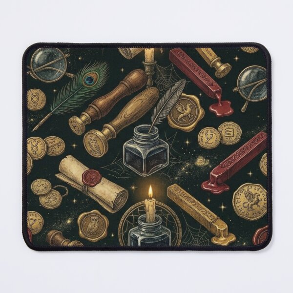 Item preview, Vintage Wizard Desk Wax Seal & Antique Spectacles Dark Academia Pattern designed and sold by InnerwayStudio.