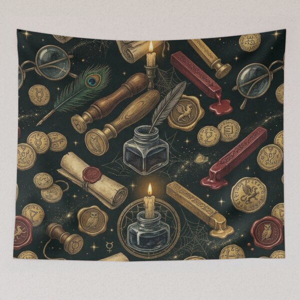 Item preview, Vintage Wizard Desk Wax Seal & Antique Spectacles Dark Academia Pattern designed and sold by InnerwayStudio.