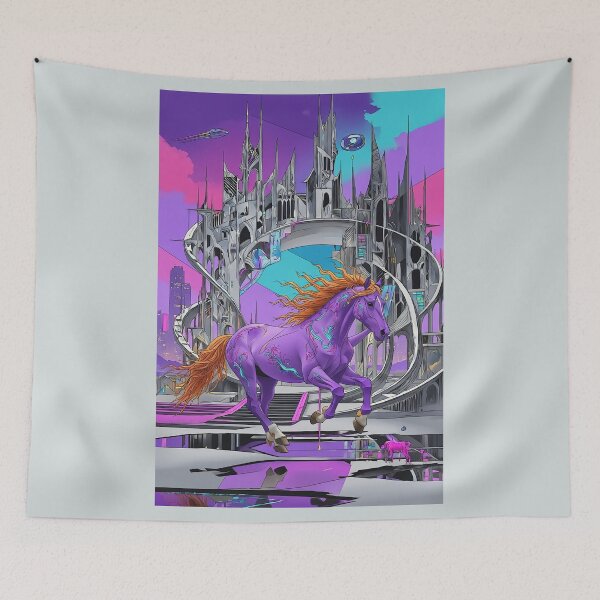 Item preview, Cyberpunk Purple Horse - Futuristic Neon Stallion in Sci-Fi City designed and sold by David Brookes Digital.