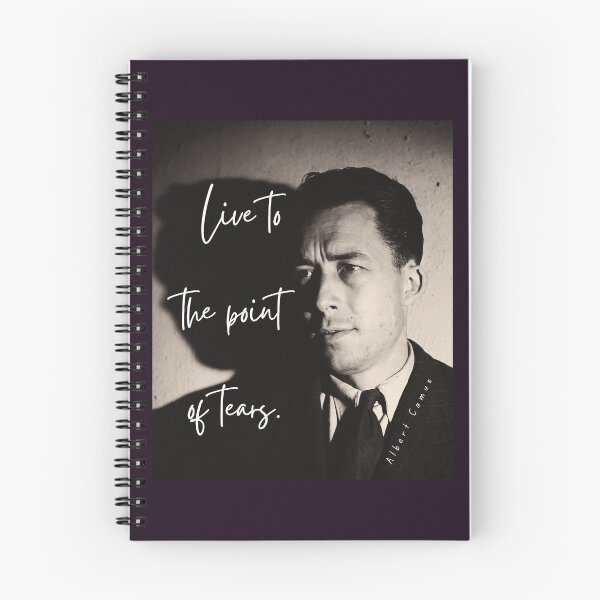 Aperçu de l'œuvre Portrait noir et blanc d'Albert Camus et citation : Vivre jusqu'aux larmes créée et vendue par artbleed.