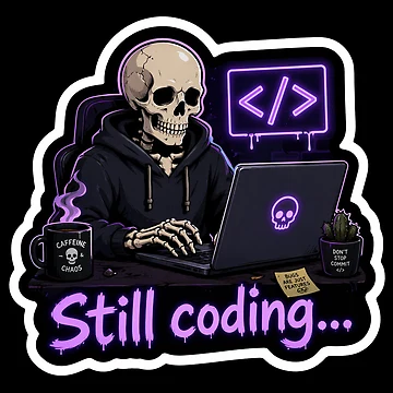 Artwork thumbnail, Still Coding Skeleton Programmer – Dark Humor Coding Sticker by CodingPrintHub