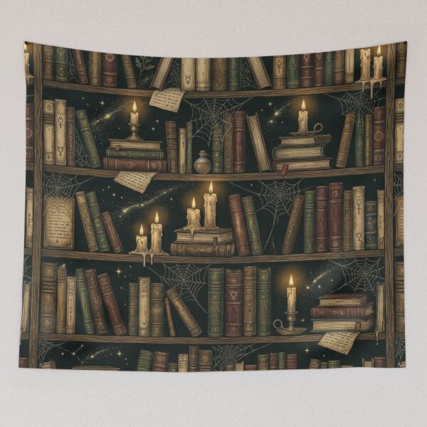 Item preview, Antique Wizard Library Bookshelf & Candles Dark Academia Pattern designed and sold by InnerwayStudio.