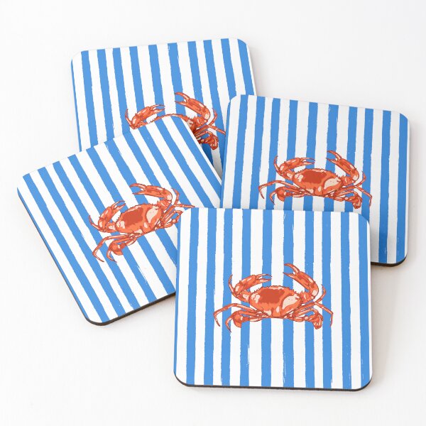 Item preview, Retro Blue Stripes Red Crab Coastal Art designed and sold by MaiZephyr.
