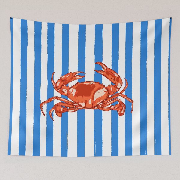 Item preview, Retro Blue Stripes Red Crab Coastal Art designed and sold by MaiZephyr.