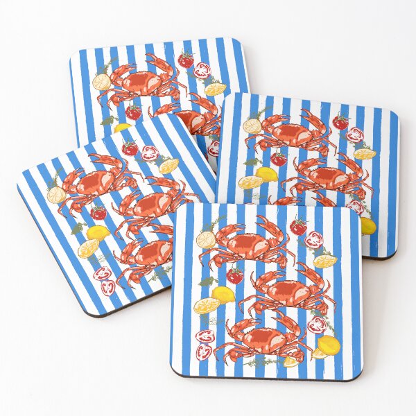 Item preview, Coastal Seafood Red Crabs with Lemon Herbs on Blue Stripe Summer Illustration designed and sold by MaiZephyr.
