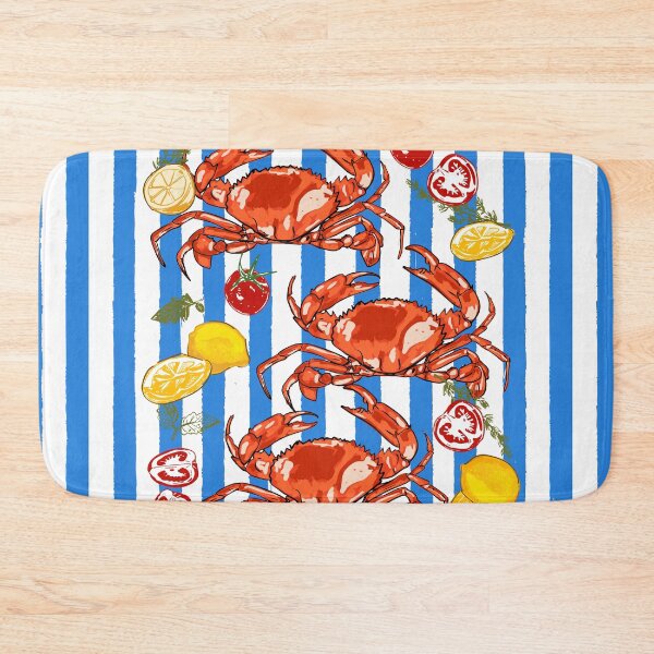 Item preview, Coastal Seafood Red Crabs with Lemon Herbs on Blue Stripe Summer Illustration designed and sold by MaiZephyr.