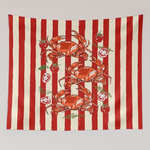 Item preview, Red Tomatoes and Crabs Striped Coastal Illustration designed and sold by MaiZephyr.